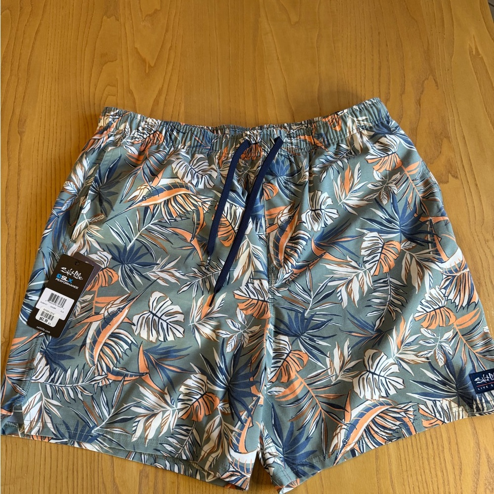 Salt Life Leaf Pattern Swim Trunks - Blue, Orange, White